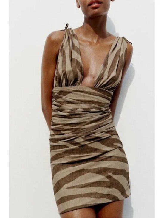 Zara Dresses & Skirts - New Zara Zebra Printed Tulle Plunging Neckline Wide Straps Draped Fabric Dress